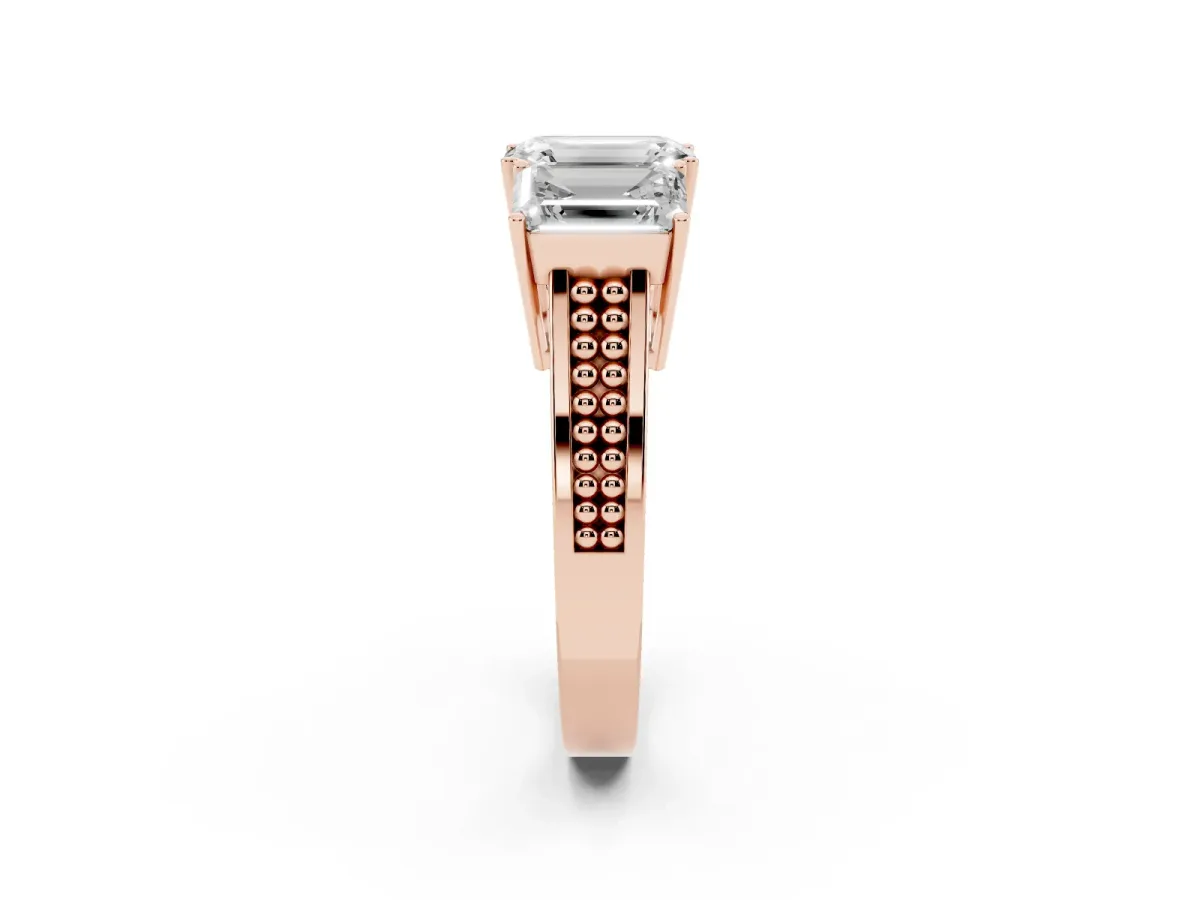 Emerald Cut Diamond Three-Stone Ring with Prong Setting and Textured Band Rose gold
