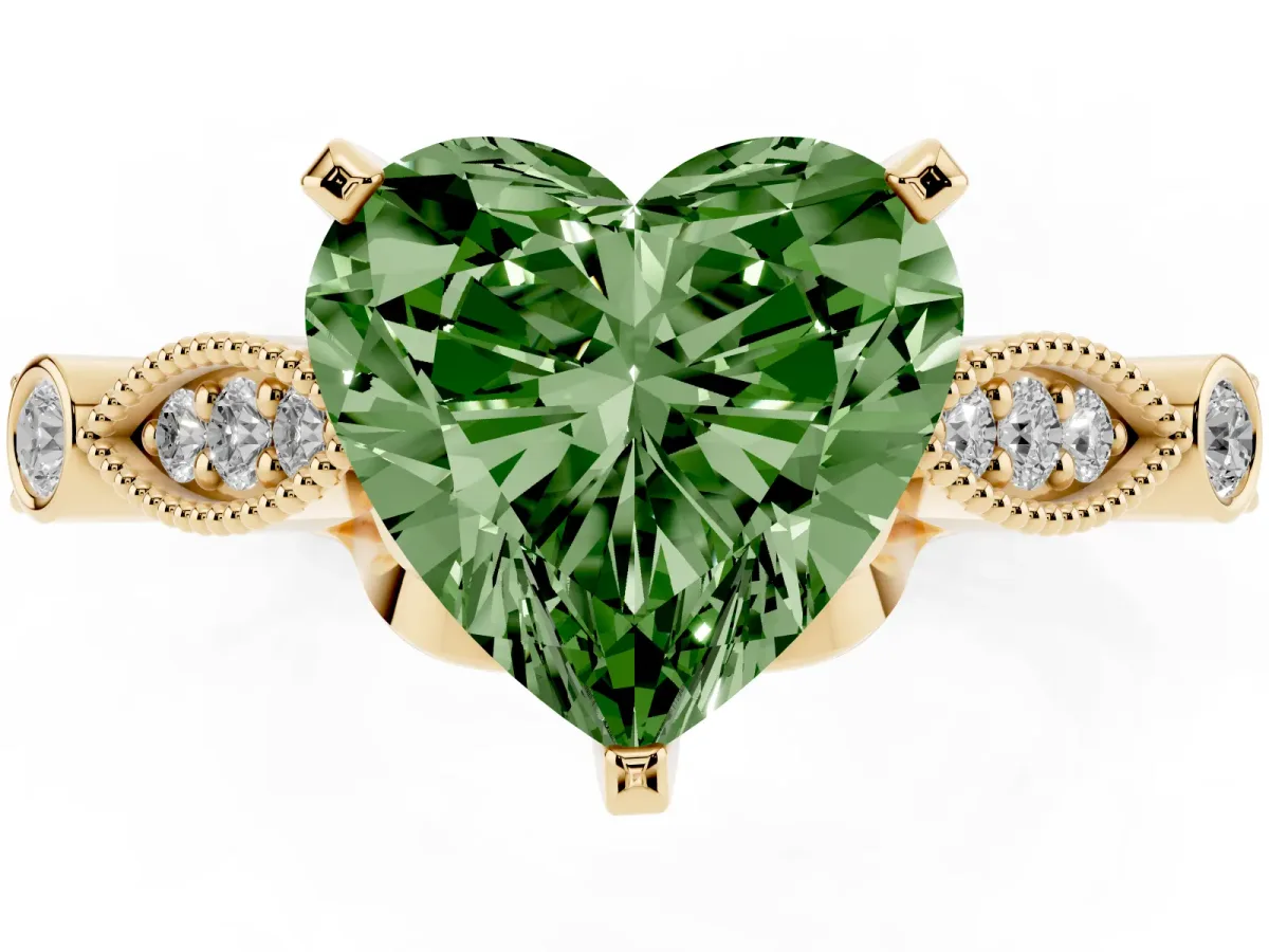 Fancy Green Heart Cut Cut Diamond with Milgrain Marquise and Bezel Accents on a Solitaire Band with Prong Setting Yellow gold