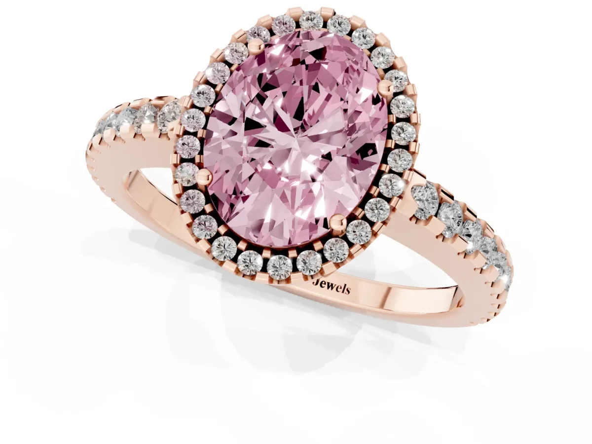 Fancy Pink Oval Cut Diamond Halo Engagement Ring with Pavé Band and Prong Setting Rose gold