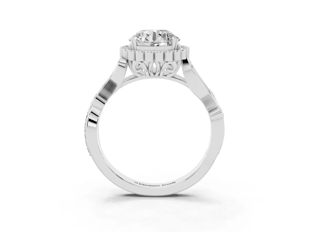 Round Cut Diamond Halo Ring with Vintage Split Shank and Four-Prong Setting Platinum