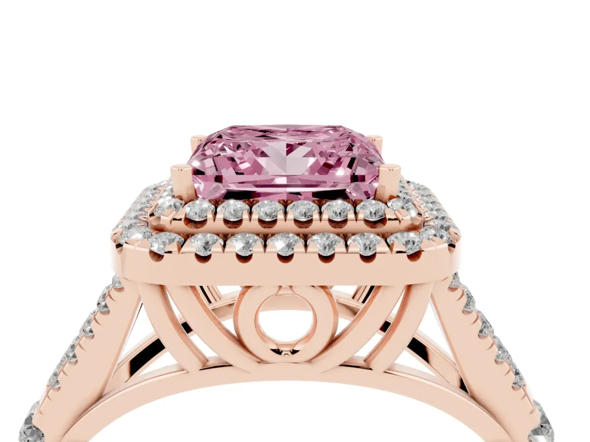 Fancy Pink Princess Cut Cut Double Halo Split Shank Diamond Ring with Prong Setting Rose gold