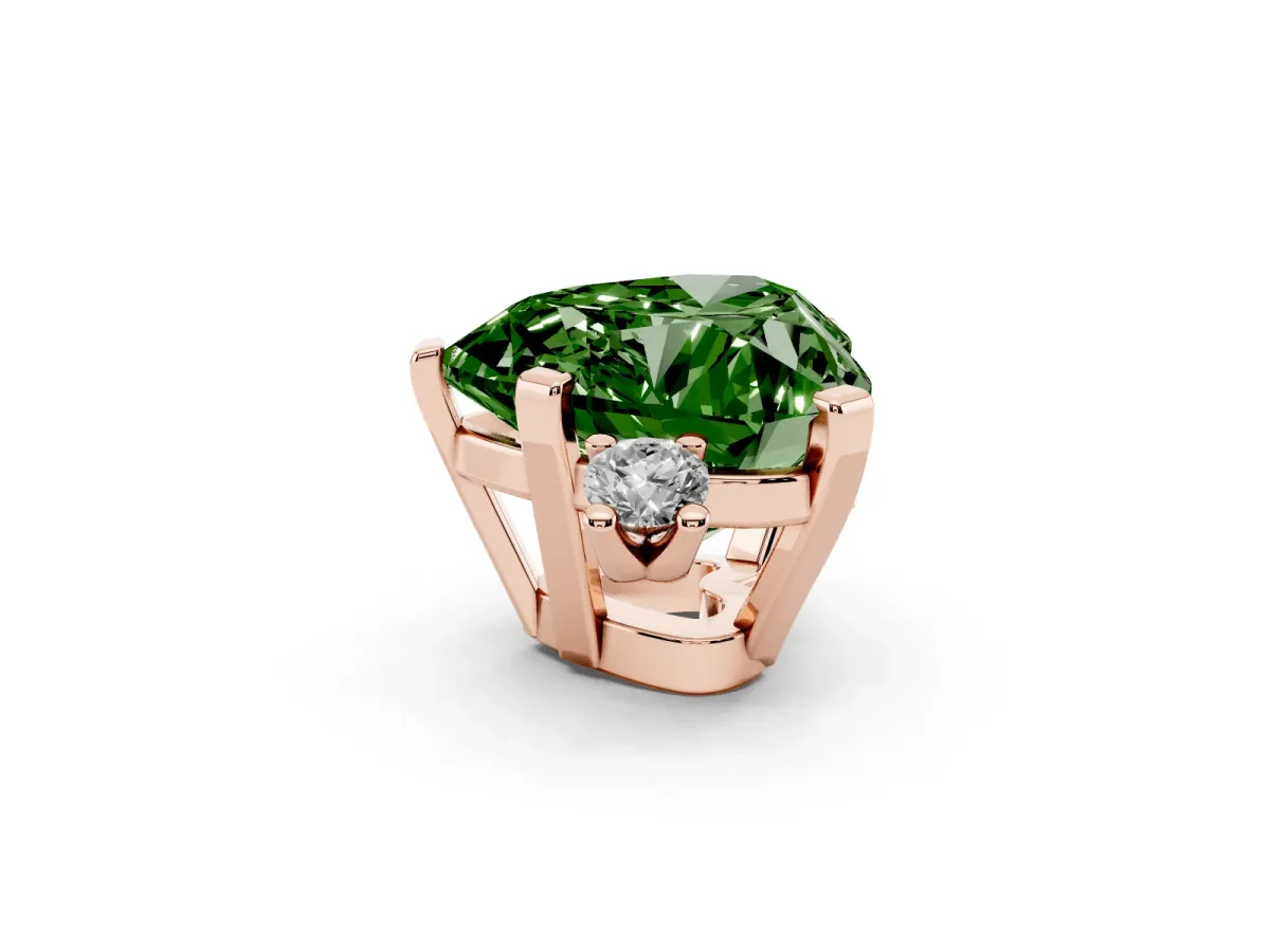 Fancy Green Heart Cut Cut Three-Stone Solitaire Ring with Round Accent Diamonds and Four-Prong Setting Rose gold