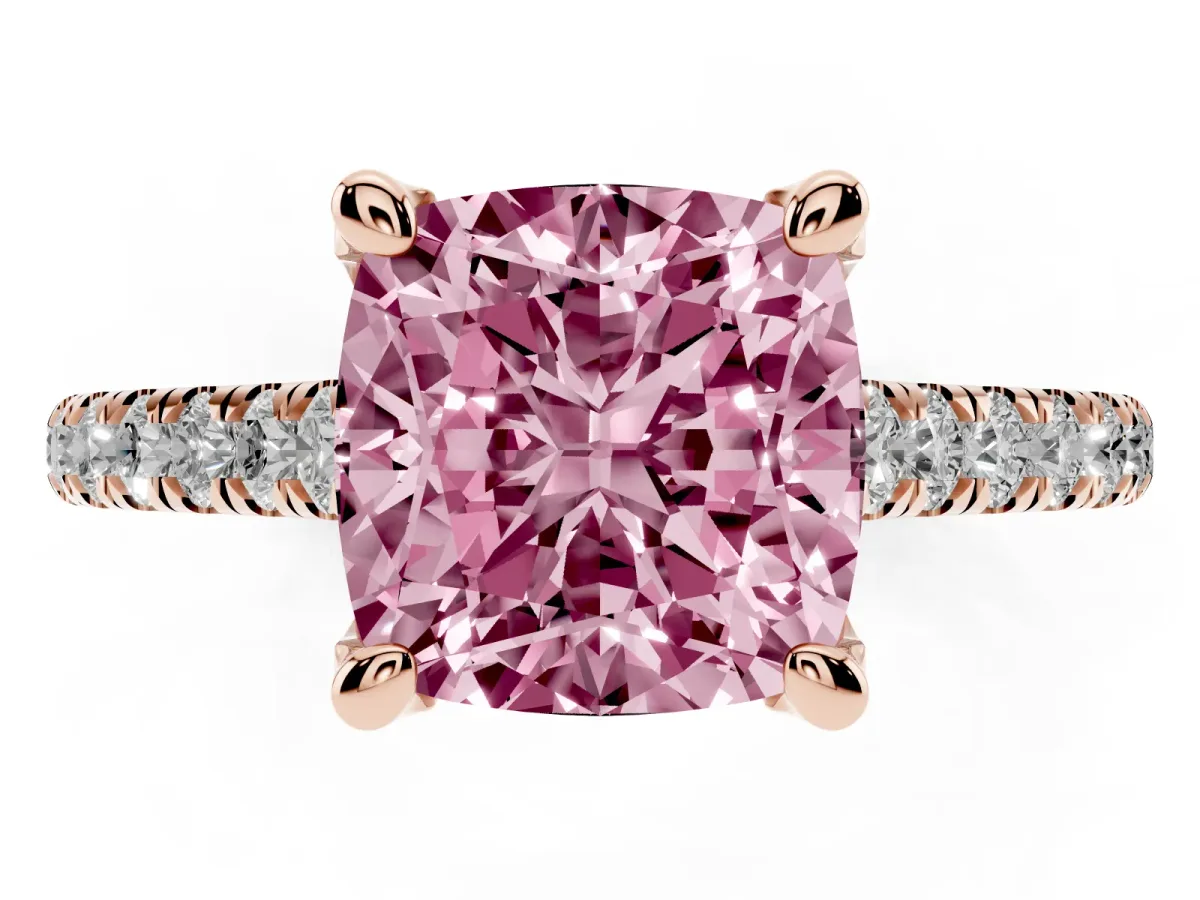 Fancy Pink Cushion Cut Brilliant Diamond Solitaire with Pavé Band and Four-Prong Setting Rose gold