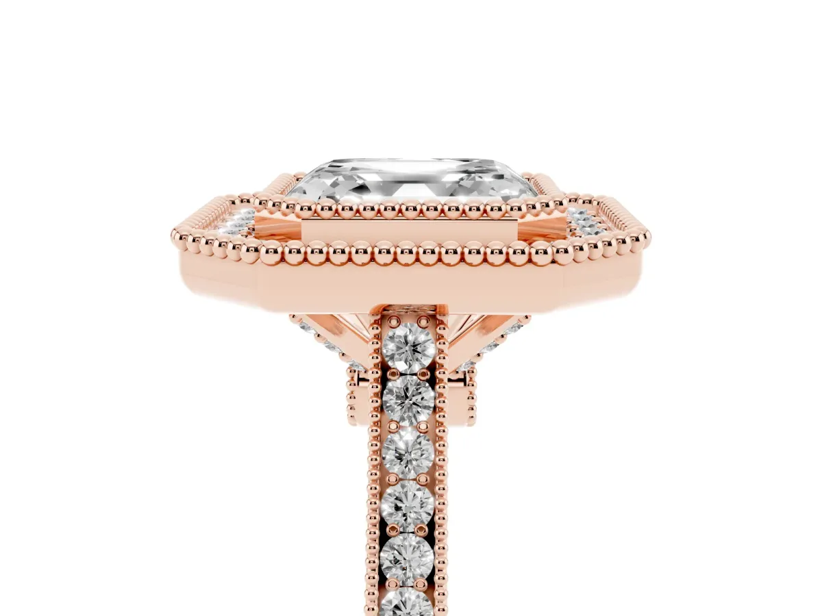 Asscher Cut Diamond Halo Ring with Milgrain Frame and Pavé Band Rose gold