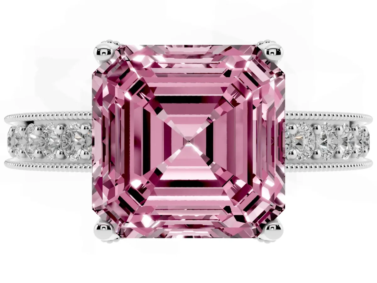 Fancy Pink Asscher Cut Cut Diamond Solitaire Ring with Milgrain Pave Band and Four Prong Setting Silver
