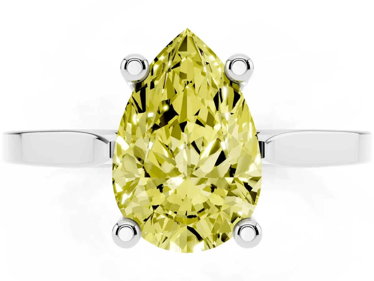 Fancy Yellow Pear Cut Solitaire Diamond Ring with Four-Prong Setting and Tapered Band White gold