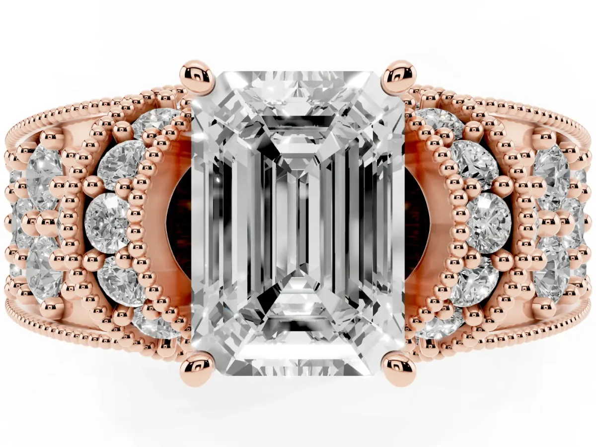 Emerald Cut Halo Pave Diamond Engagement Ring with Milgrain Detailing Rose gold