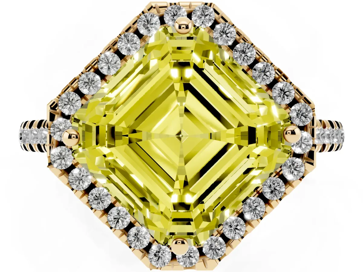 Fancy Yellow Asscher Cut Diamond Cushion Halo Ring with Pavé Band Yellow gold