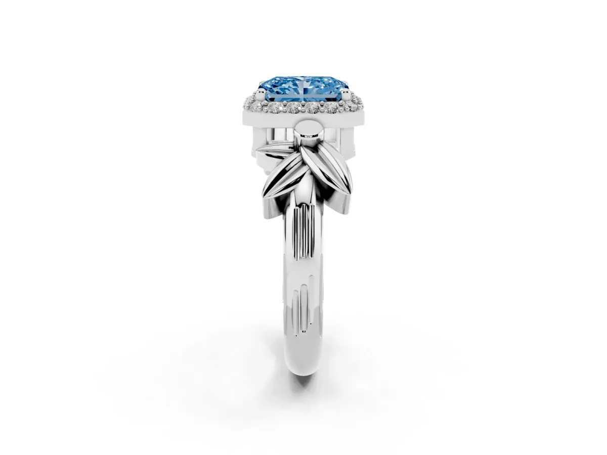 Fancy Blue Radiant Cut Halo Diamond Floral Band with Four-Prong Setting White gold