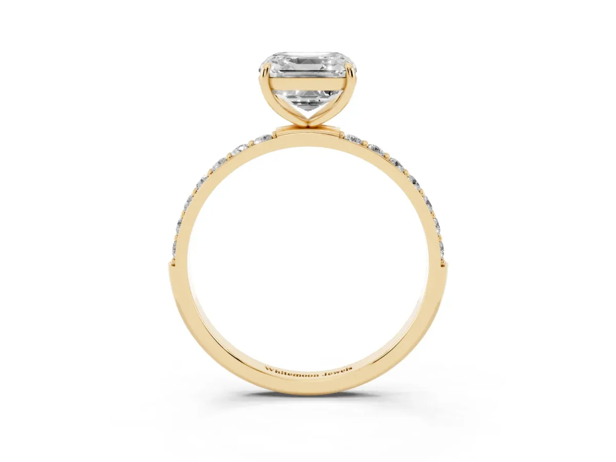 Asscher Cut Diamond Solitaire Ring with Round Pavé Shoulders and Prong Setting Yellow gold