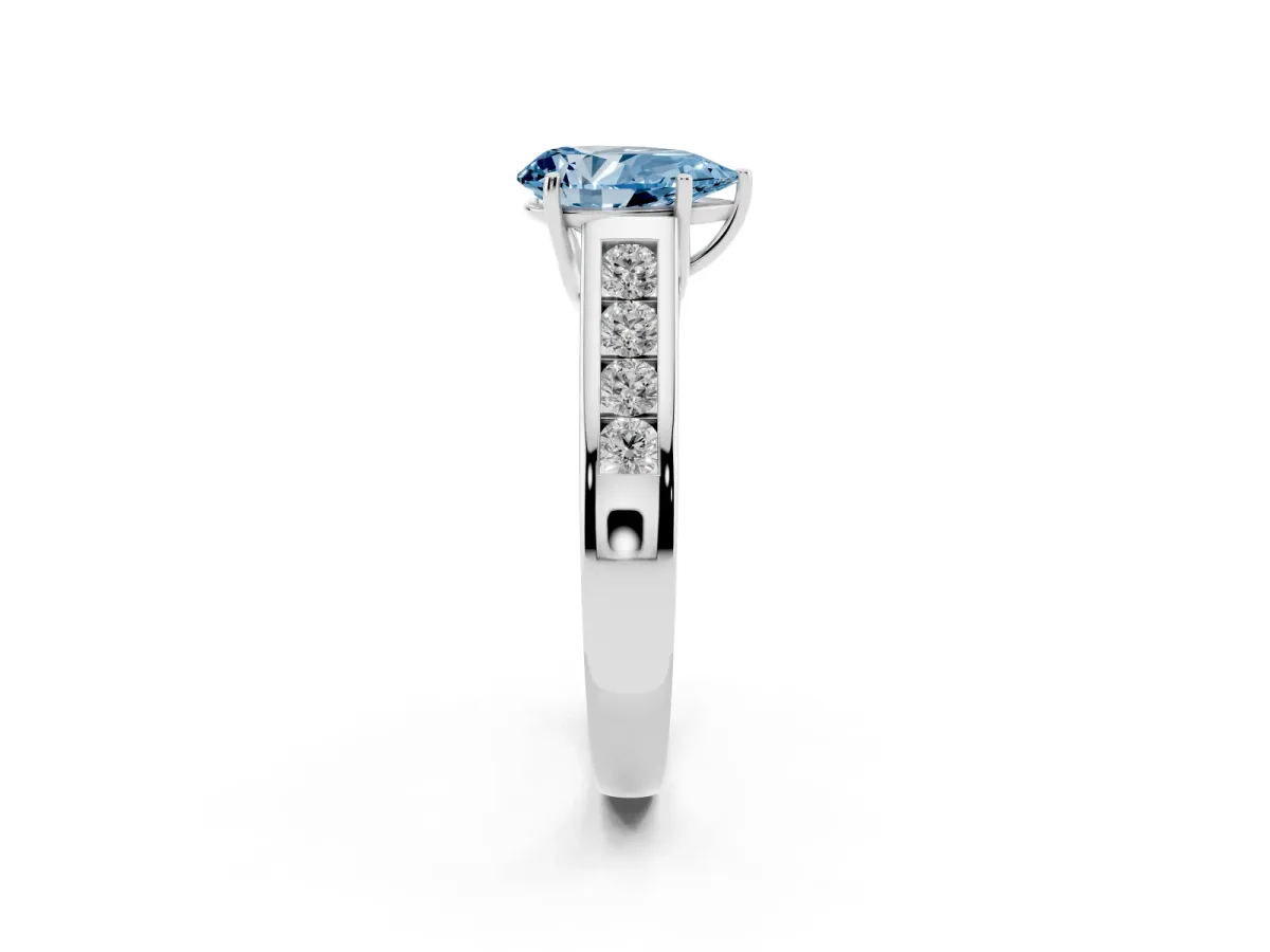 Fancy Blue Pear Cut Solitaire Channel-Set Diamond Engagement Ring with Four-Prong Setting Platinum