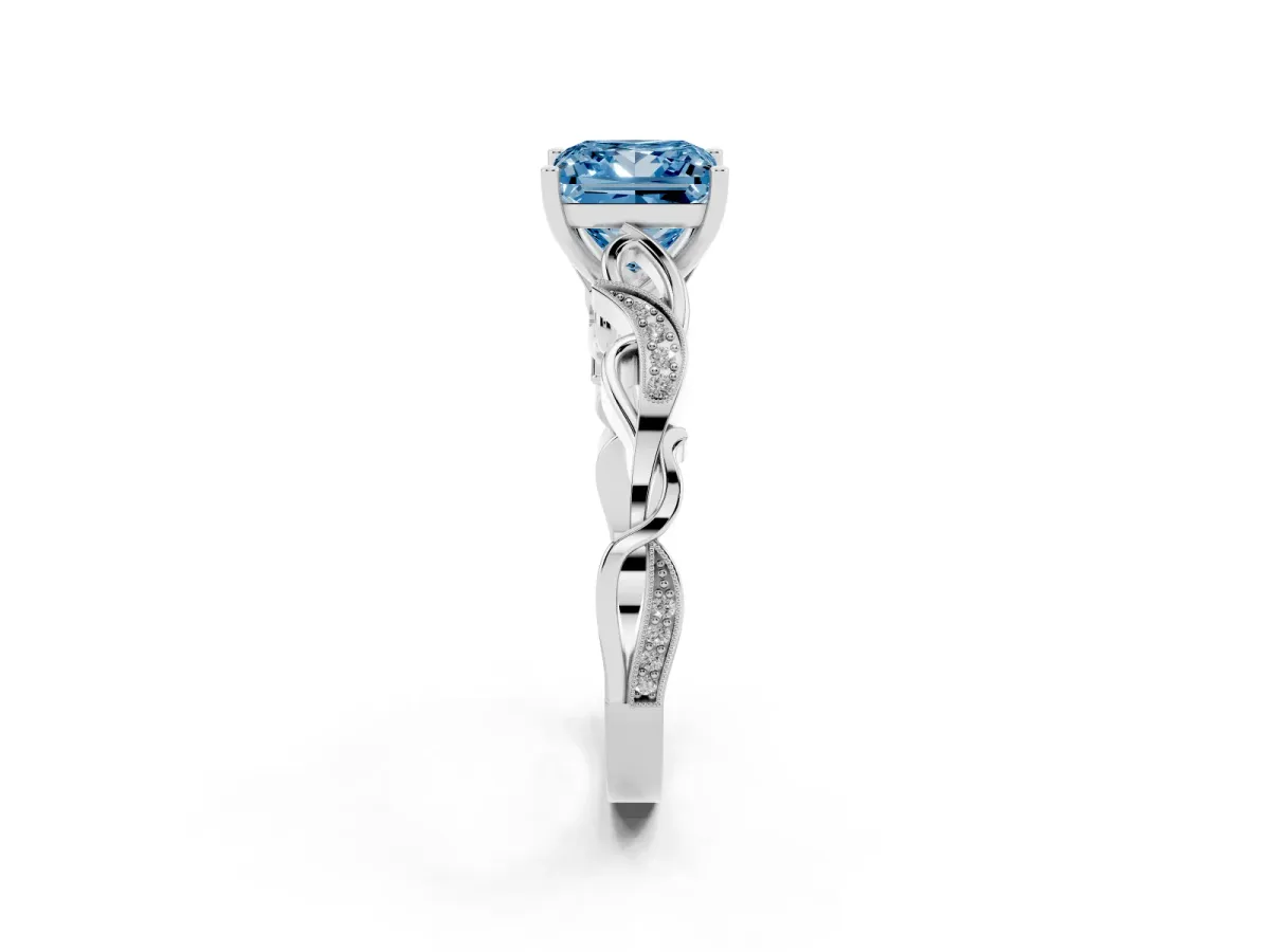 Fancy Blue Princess Cut Solitaire Vine Band with Milgrain Prong Setting Silver