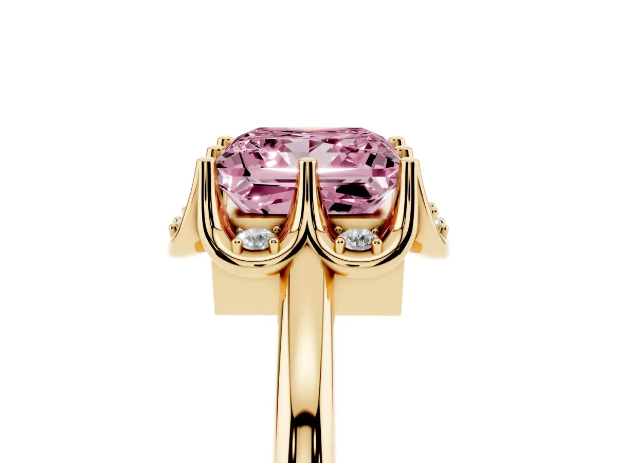 Fancy Pink Princess Cut Halo Diamond Ring with Round Cluster Setting, Solitaire Band, and Four-Prong Setting Yellow gold