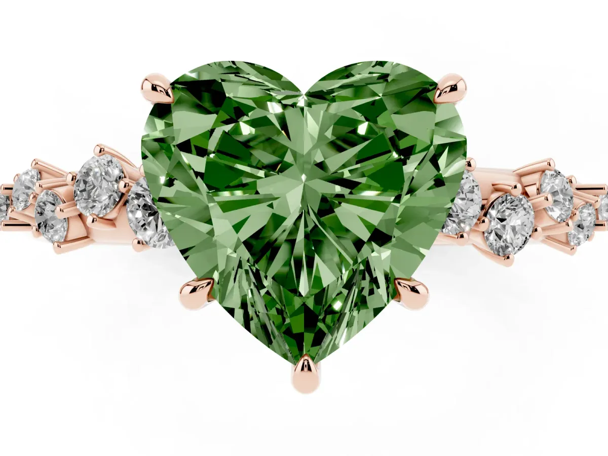Fancy Green Heart Cut Diamond Cluster Side Stone Solitaire Ring with Prong Setting Rose gold