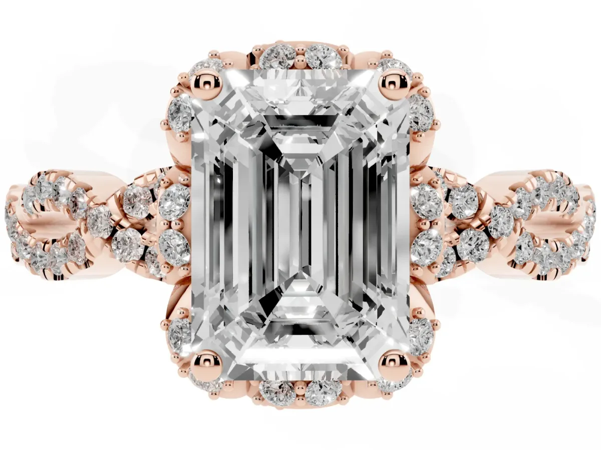 Emerald Cut Halo Twist Band Solitaire Ring with Six-Prong Setting Rose gold