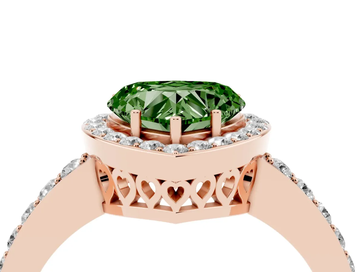 Fancy Green Heart Cut Halo Diamond Pavé Band Ring with Prong Setting Rose gold