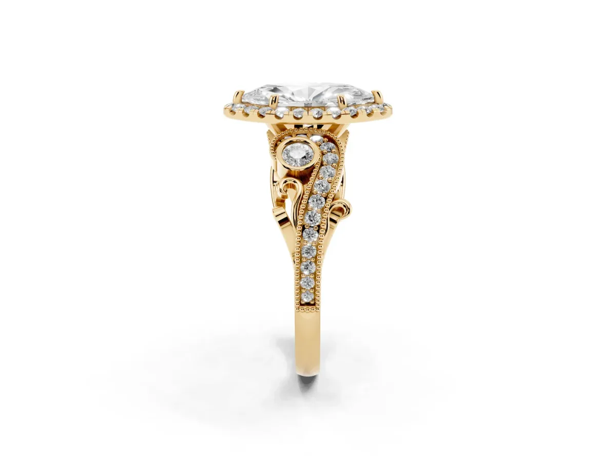 Marquise Cut Halo Diamond Ring with Milgrain and Bezel Accents on a Split Shank Band Yellow gold