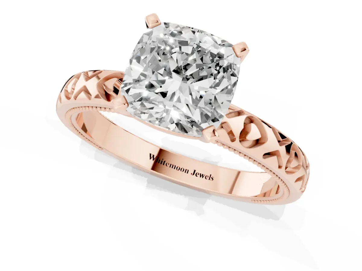 Cushion Cut Solitaire Diamond Engagement Ring with XO Engraved Band and Four-Prong Setting Rose gold