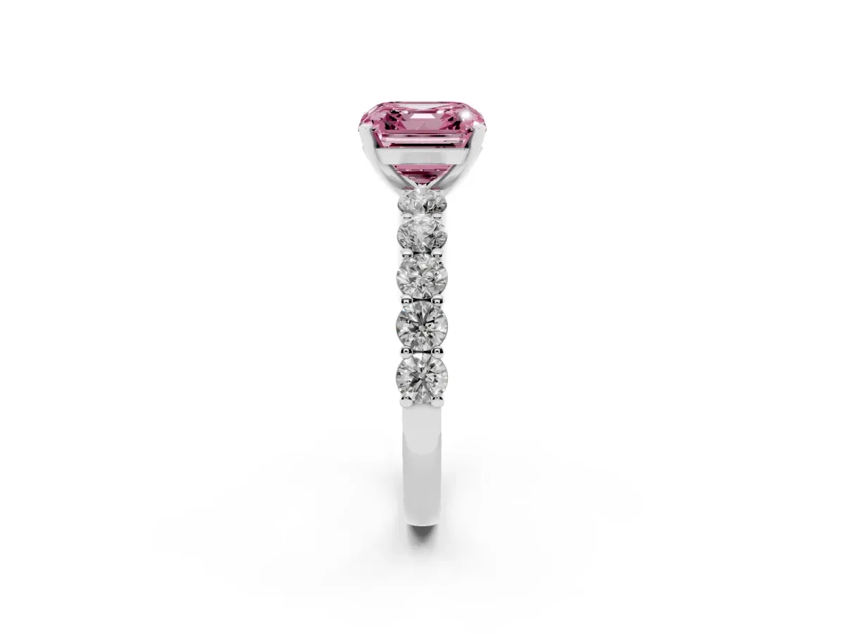 Fancy Pink Asscher Cut Diamond Solitaire Ring with Shared Prong Round Side Stones White gold