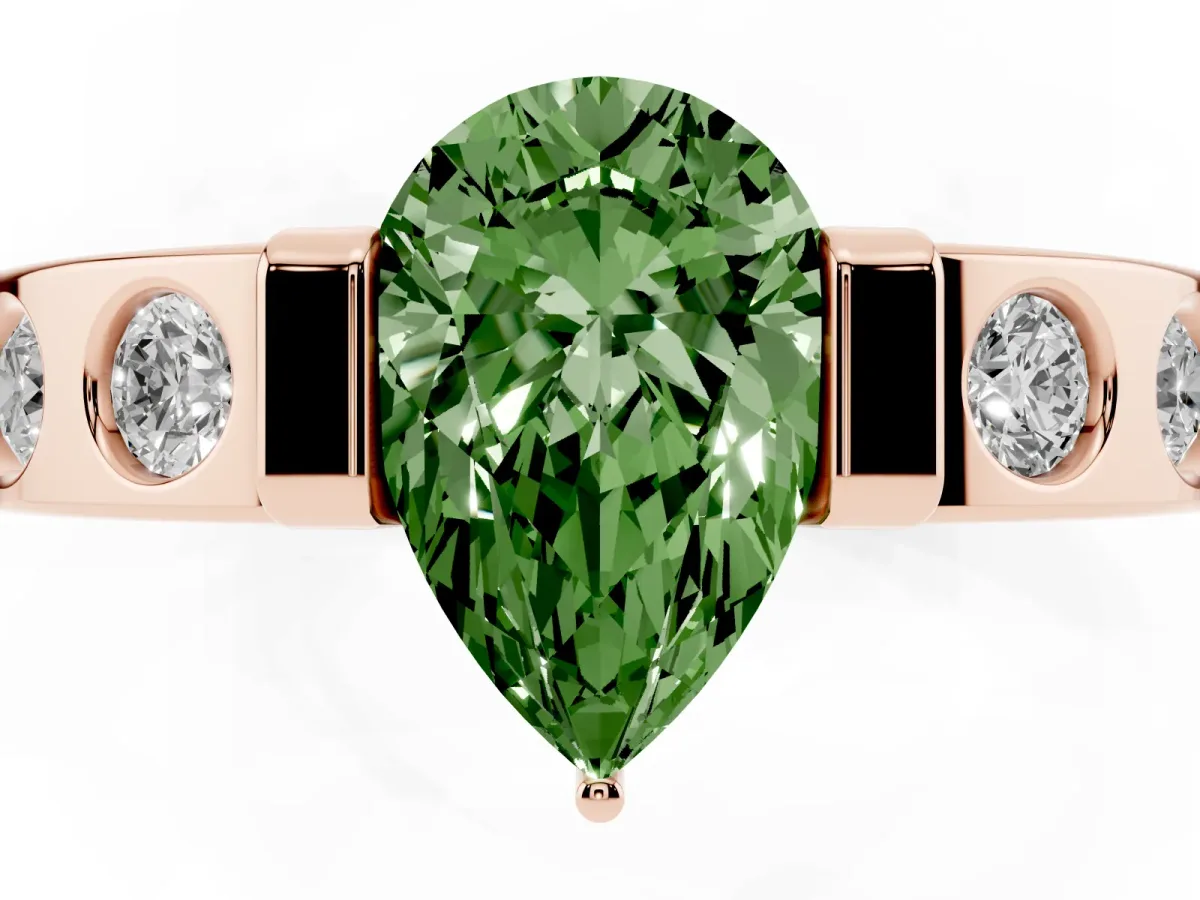 Fancy Green Pear Cut Brilliant Channel-Set Diamond Ring with Bezel Prong Setting Rose gold