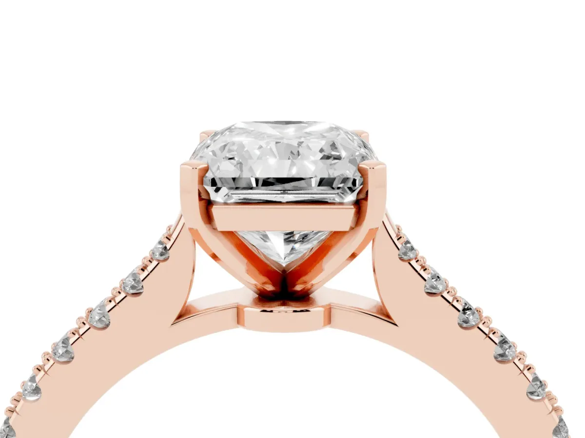 Radiant Cut Cut Solitaire Diamond Engagement Ring with Pave Band and Four-Prong Setting Rose gold