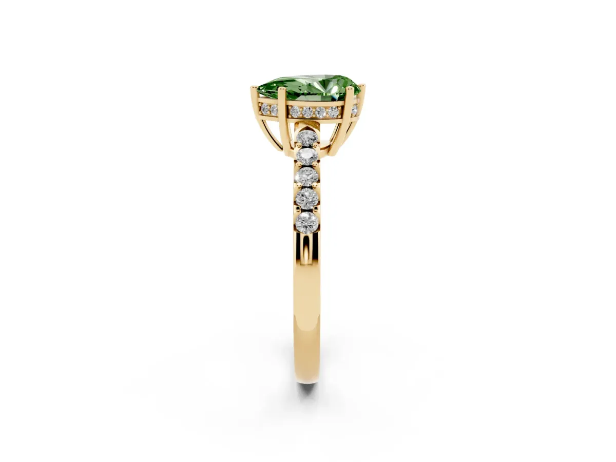 Fancy Green Pear Cut Solitaire Diamond Engagement Ring with Pavé Band and Six-Prong Setting Yellow gold