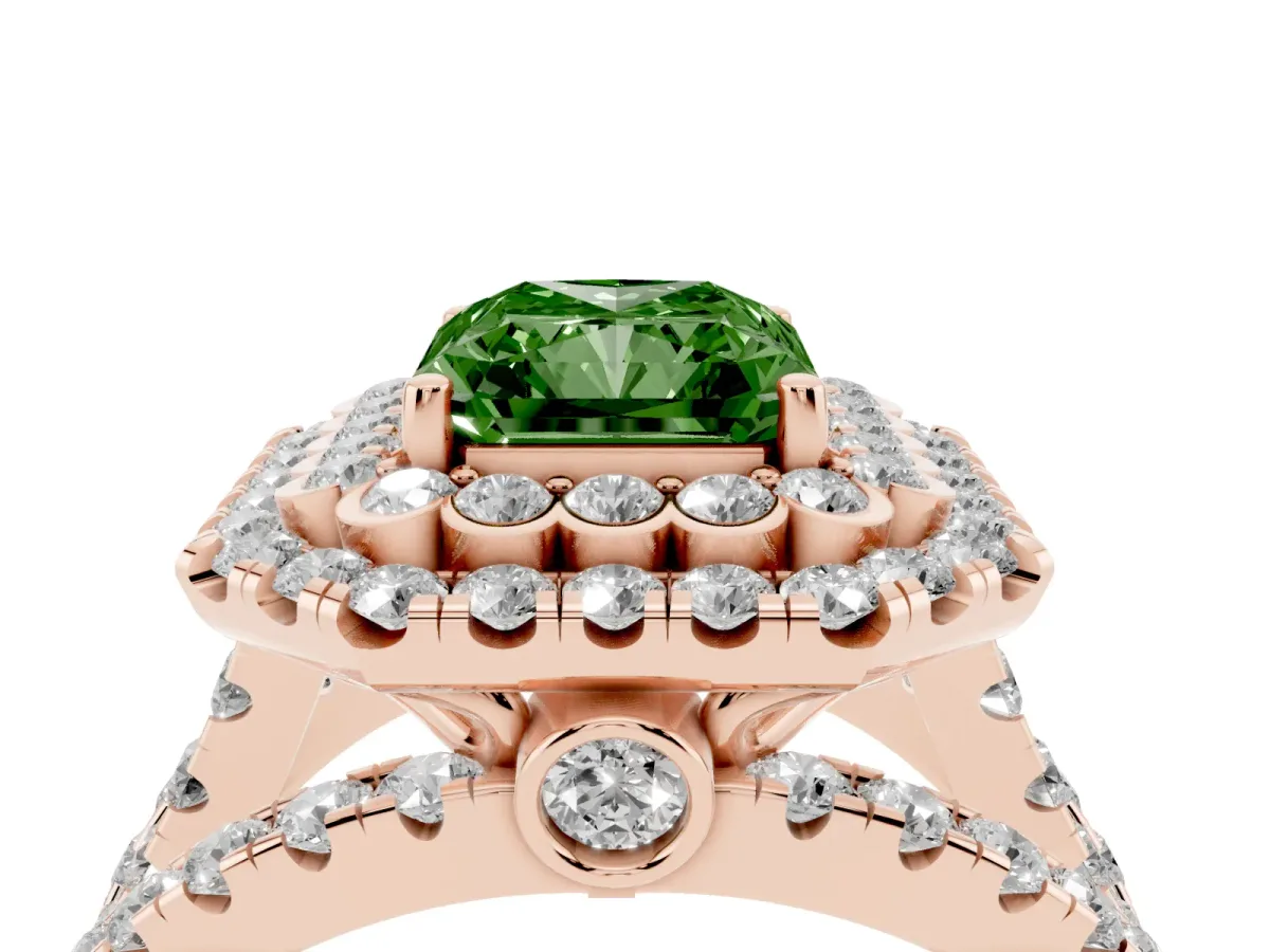 Fancy Green Radiant Cut Diamond Double Halo Ring with Round Pavé Split Shank and Prong Setting Rose gold