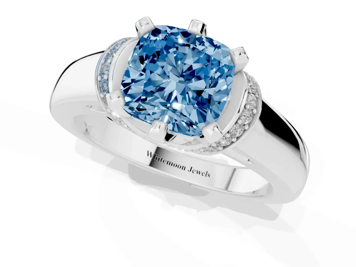 Fancy Blue Cushion Cut Solitaire Diamond Ring with Pave Band and Six-Prong Setting Silver
