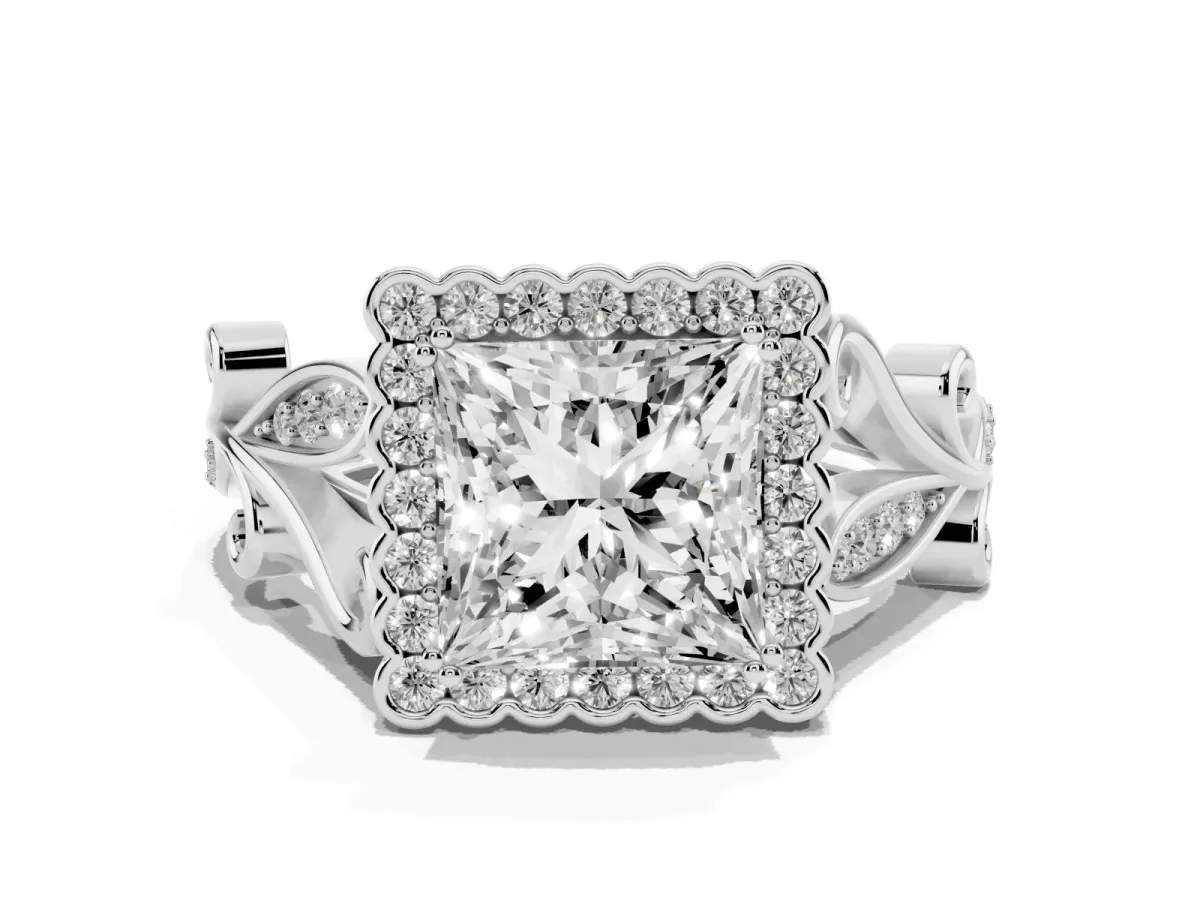 Princess Cut Diamond Halo Ring with Vintage Split Shank and Four-Prong Setting Silver