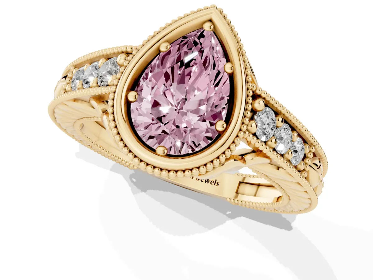 Fancy Pink Bezel Set Pear Cut Diamond Milgrain Pave Engagement Ring Yellow gold