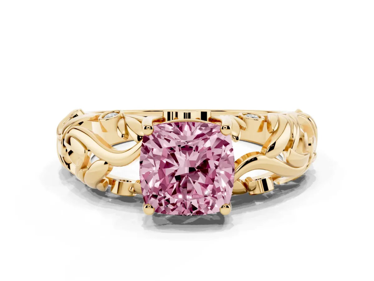 Fancy Pink Cushion Cut Solitaire Diamond Leaf-Inspired Vine Band Ring with Prong Setting Yellow gold