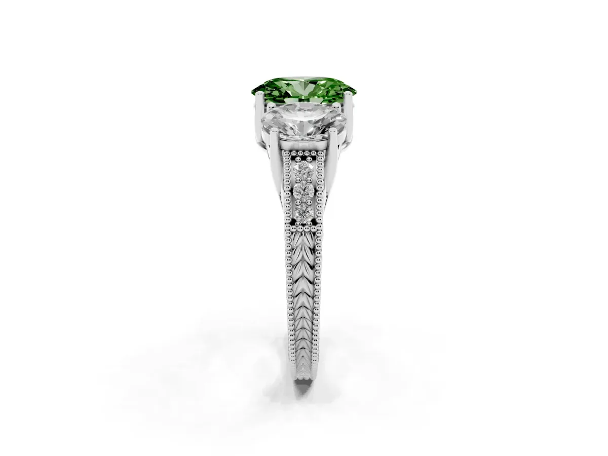 Fancy Green Three-Stone Oval Cut Cut Milgrain Pavé Engagement Ring Silver