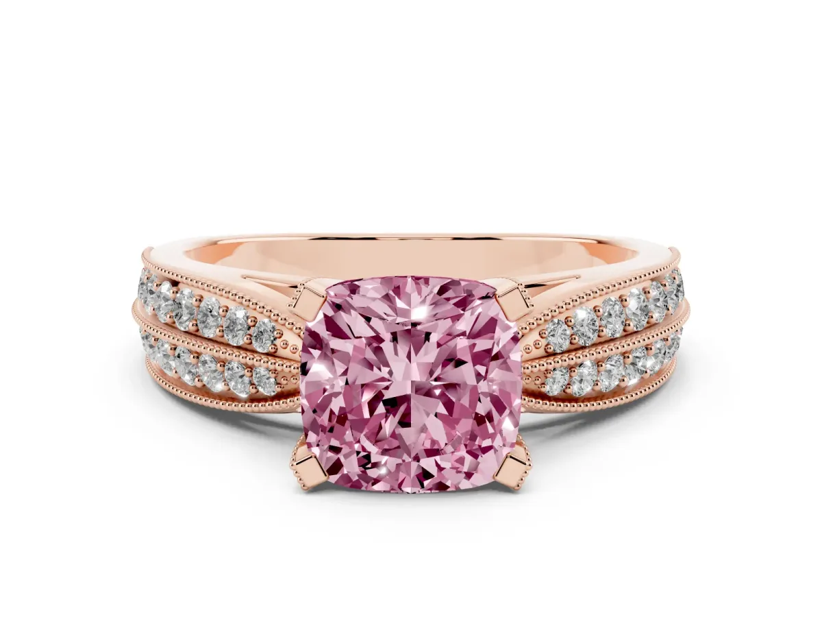 Fancy Pink Cushion Cut Diamond Solitaire Ring with Milgrain Round Pavé Band and Prong Setting Rose gold