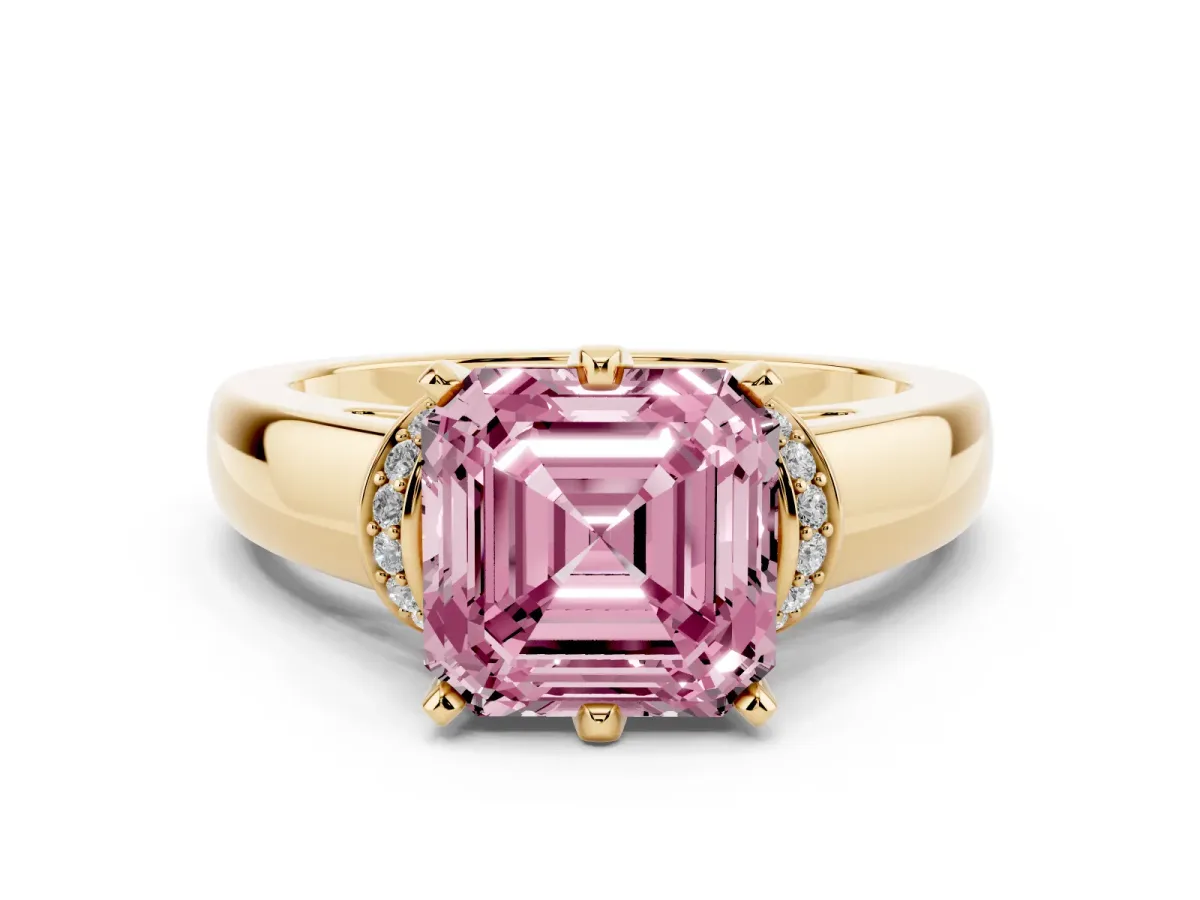 Fancy Pink Asscher Cut Solitaire Diamond Ring with Pave Band and Six-Prong Setting Yellow gold