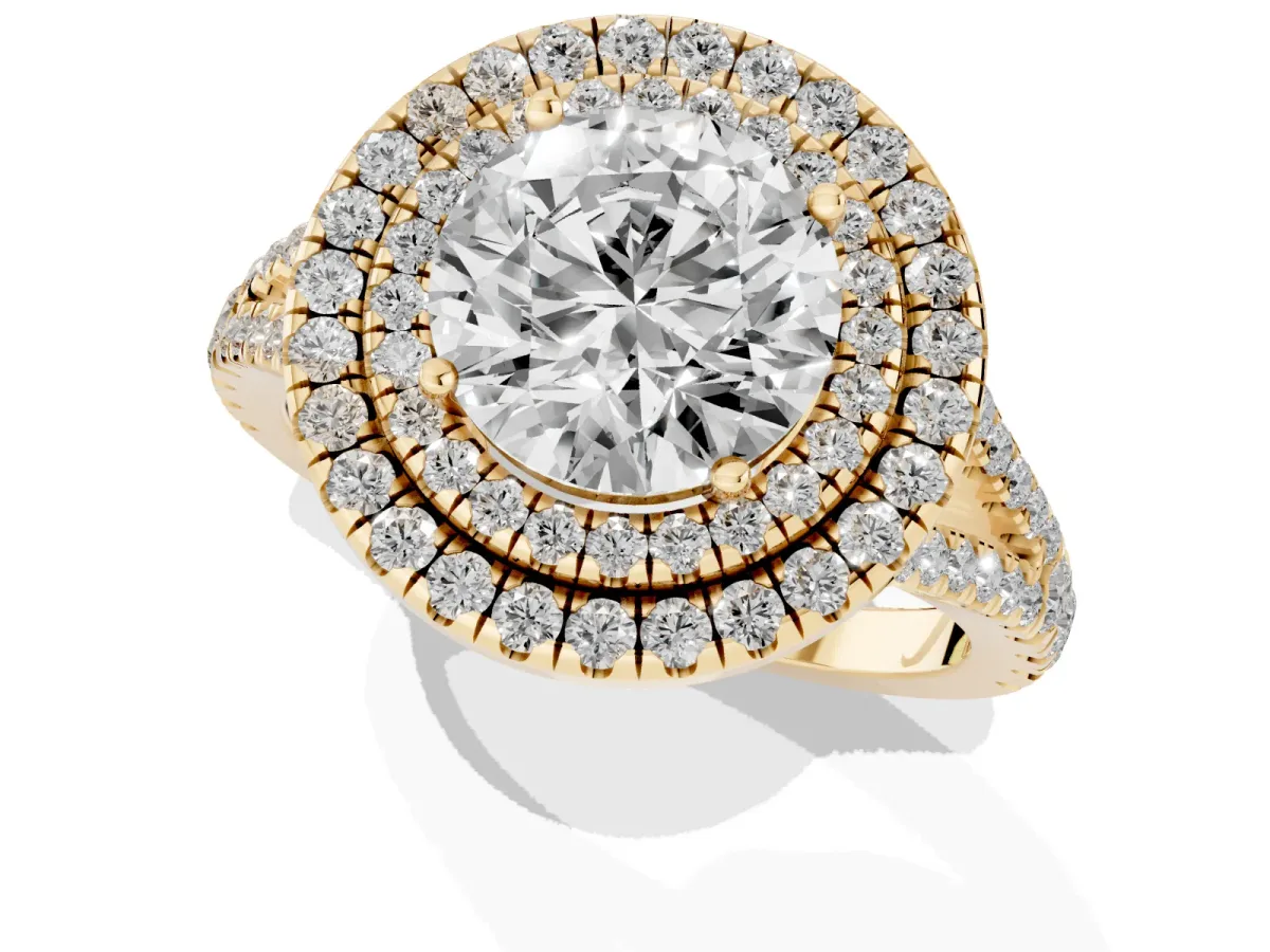 Round Cut Diamond Double Halo Ring with Pavé Band and Prong Setting Yellow gold