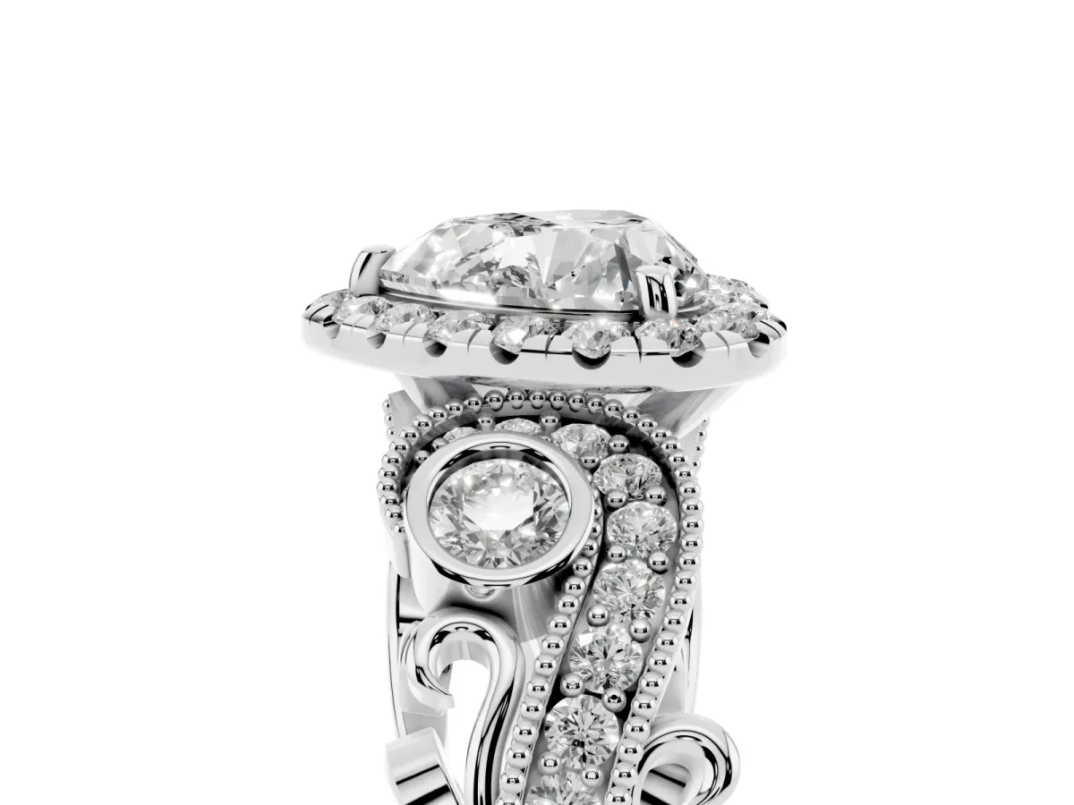Heart Cut Diamond Halo Ring with Milgrain Pavé Band and Four-Prong Setting White gold