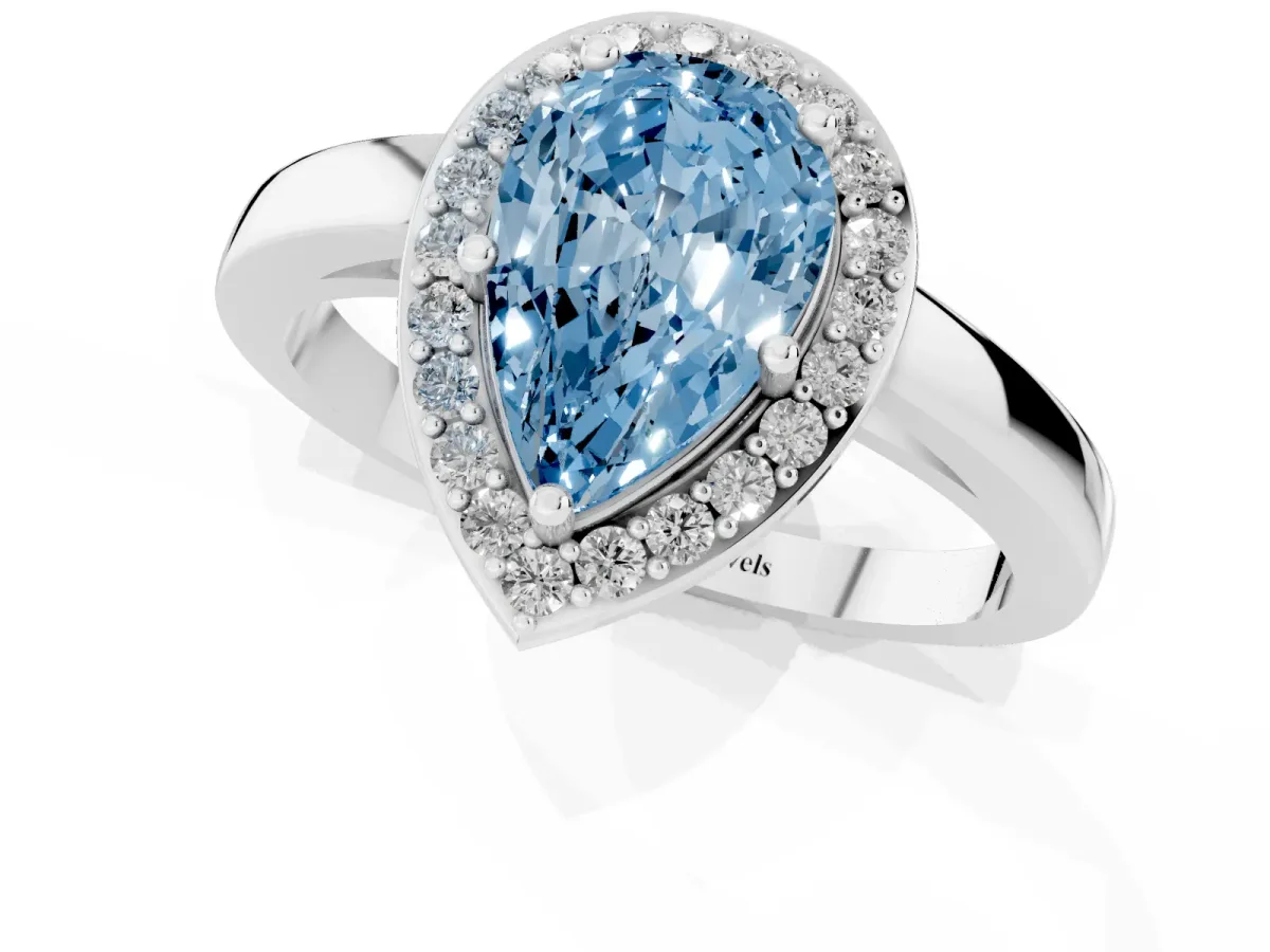 Fancy Blue Pear Cut Halo Diamond Ring with Solitaire Band and Prong Setting Platinum