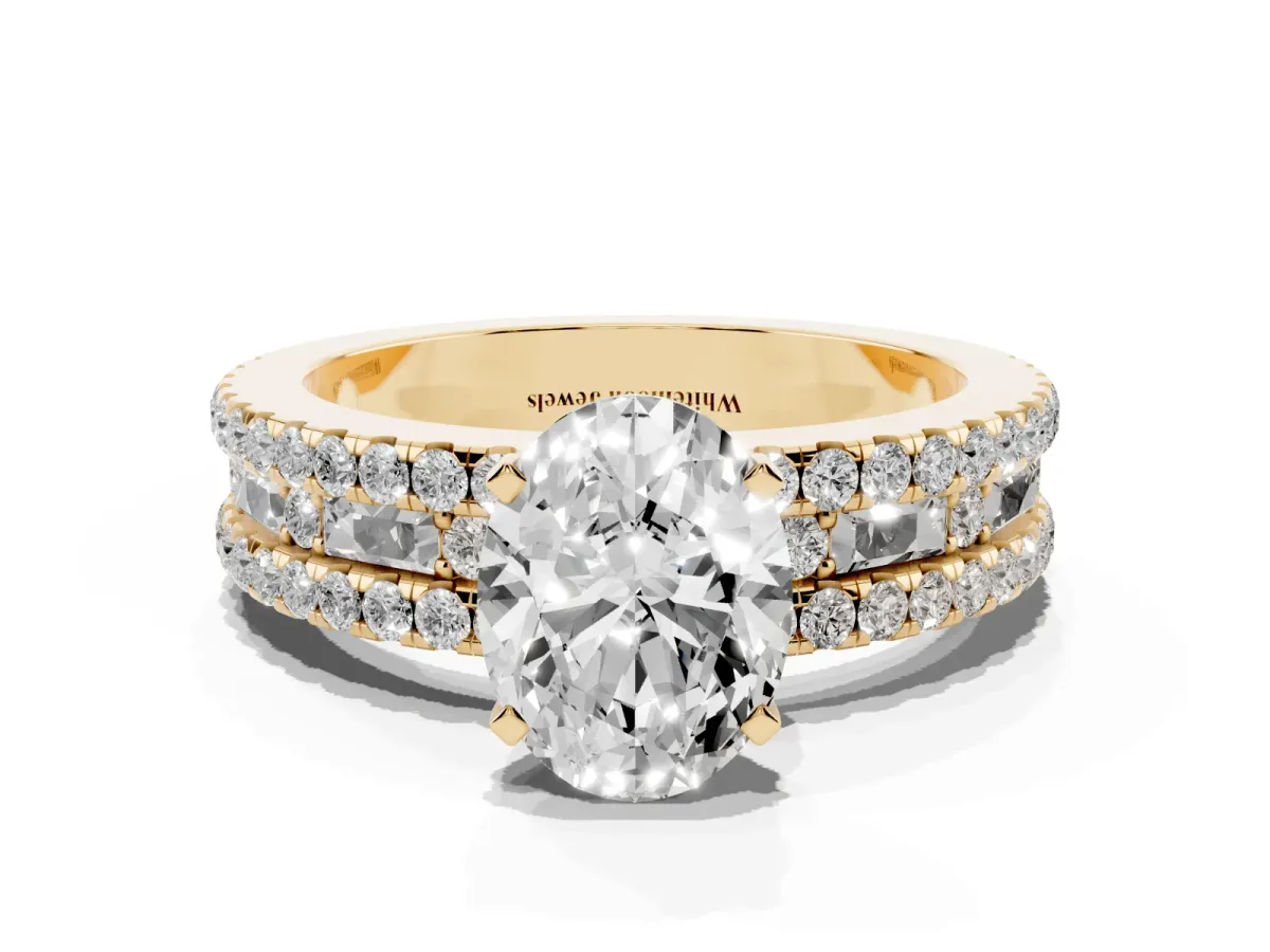 Oval Cut Diamond Solitaire Ring with Pavé and Channel Set Band Yellow gold
