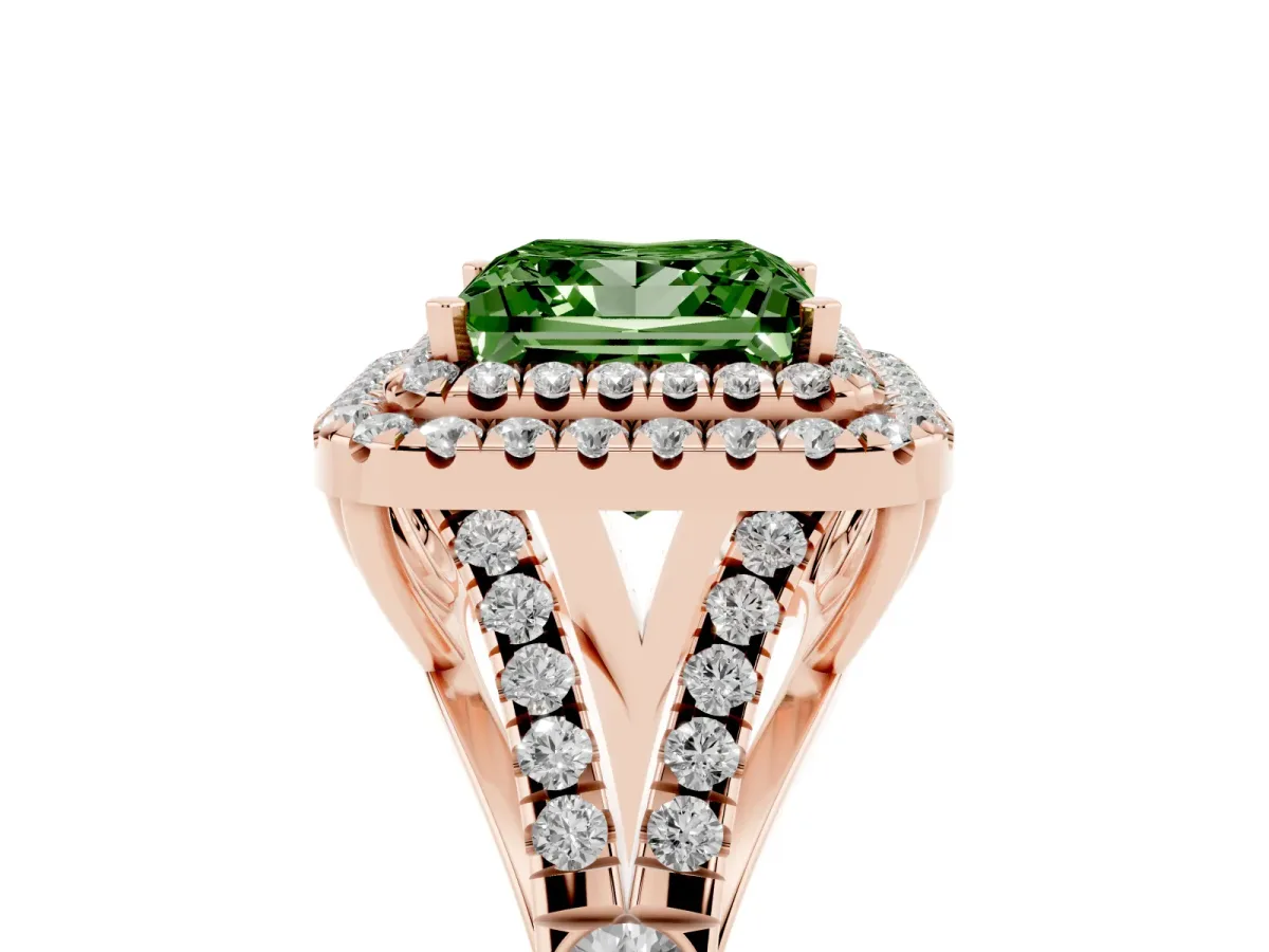 Fancy Green Princess Cut Diamond Double Halo Ring with Split Shank and Prong Setting Rose gold