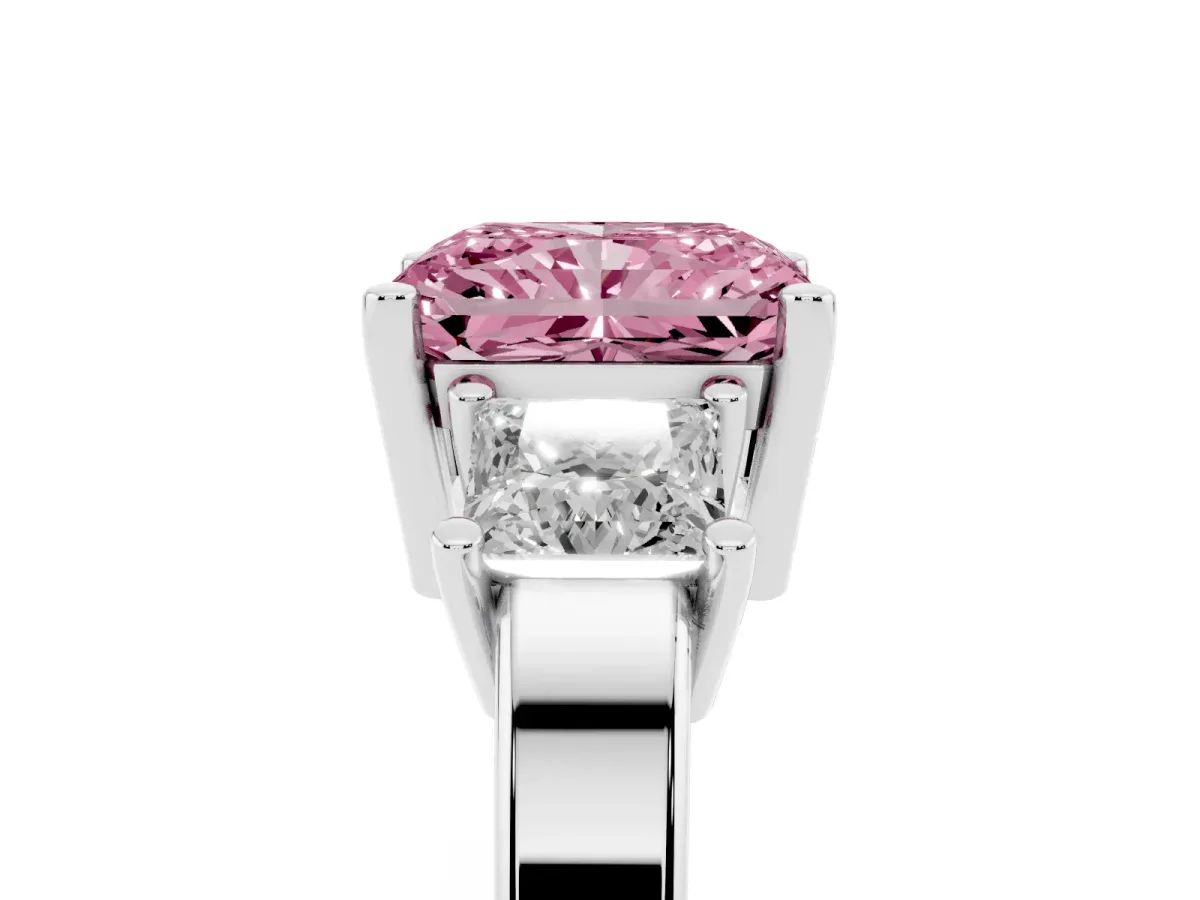 Fancy Pink Three-Stone Radiant Cut Cut Solitaire Ring with Prong Setting Platinum