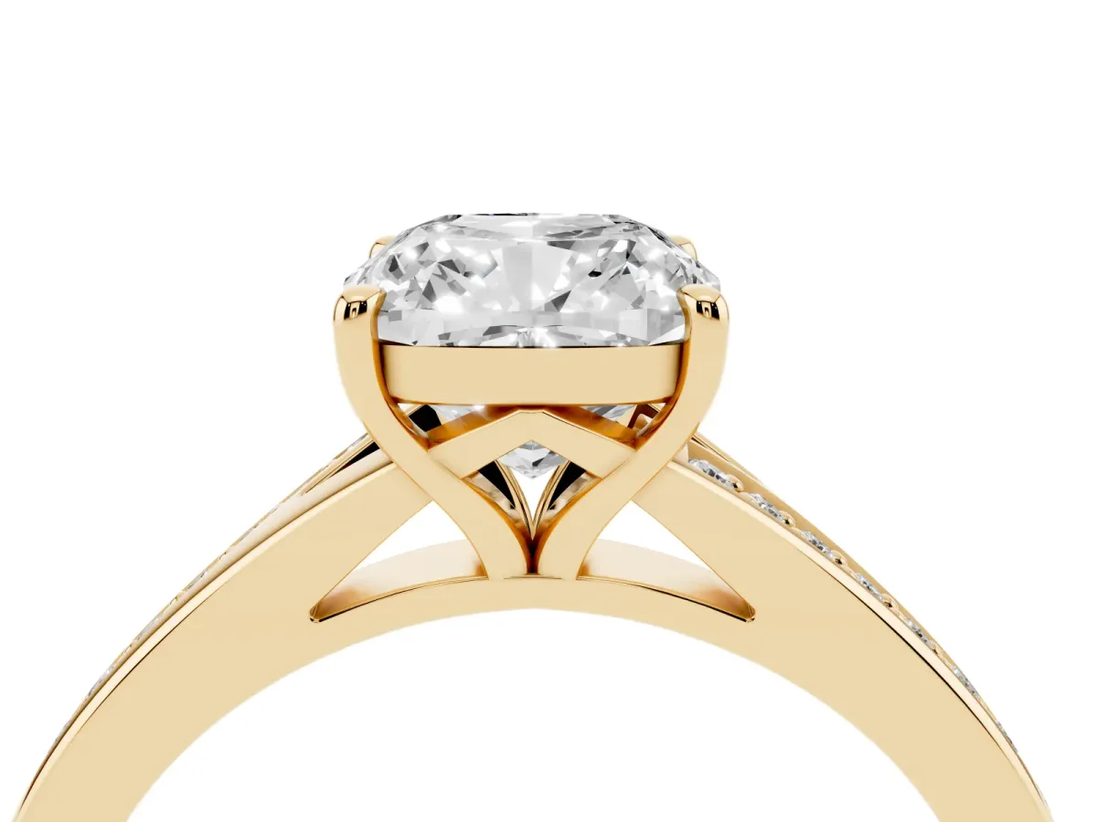 Cushion Cut Diamond Solitaire Ring with Pavé Band and Prong Setting Yellow gold