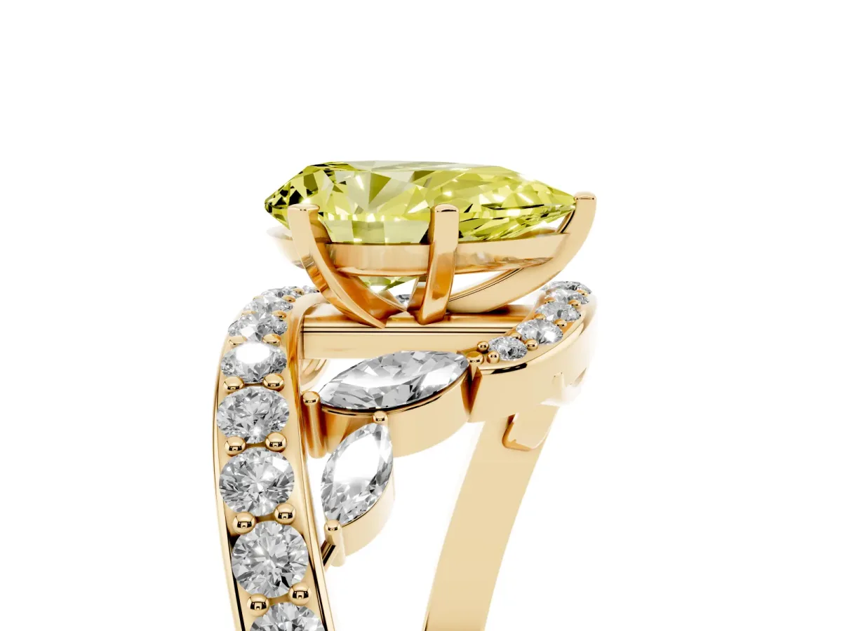 Fancy Yellow Pear Cut Solitaire with Pavé Twist Band and Four-Prong Setting Yellow gold