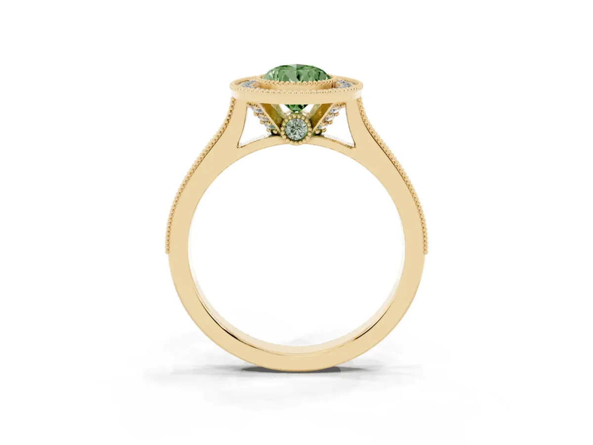 Fancy Green Halo Pear Cut-Cut Diamond Pave Band Milgrain Prong Setting Ring Yellow gold