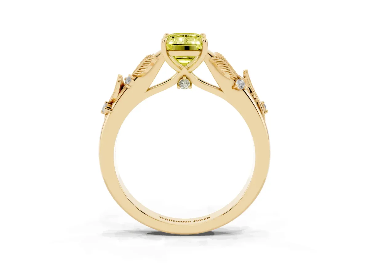 Fancy Yellow Emerald Cut Diamond Solitaire Ring with Leaf Motif Band and Four-Prong Setting Yellow gold