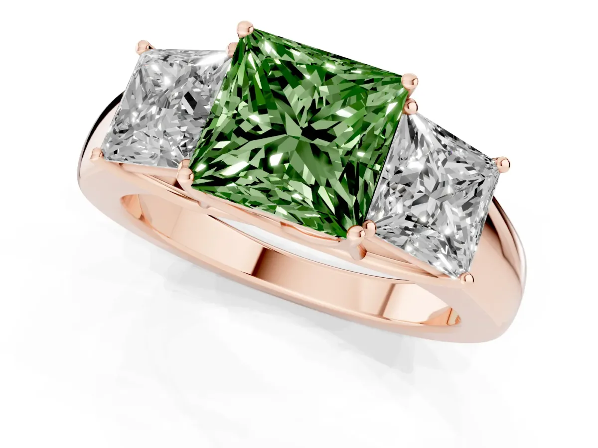 Fancy Green Three-Stone Princess Cut Cut Diamond Ring with Prong Setting and Classic Band Rose gold