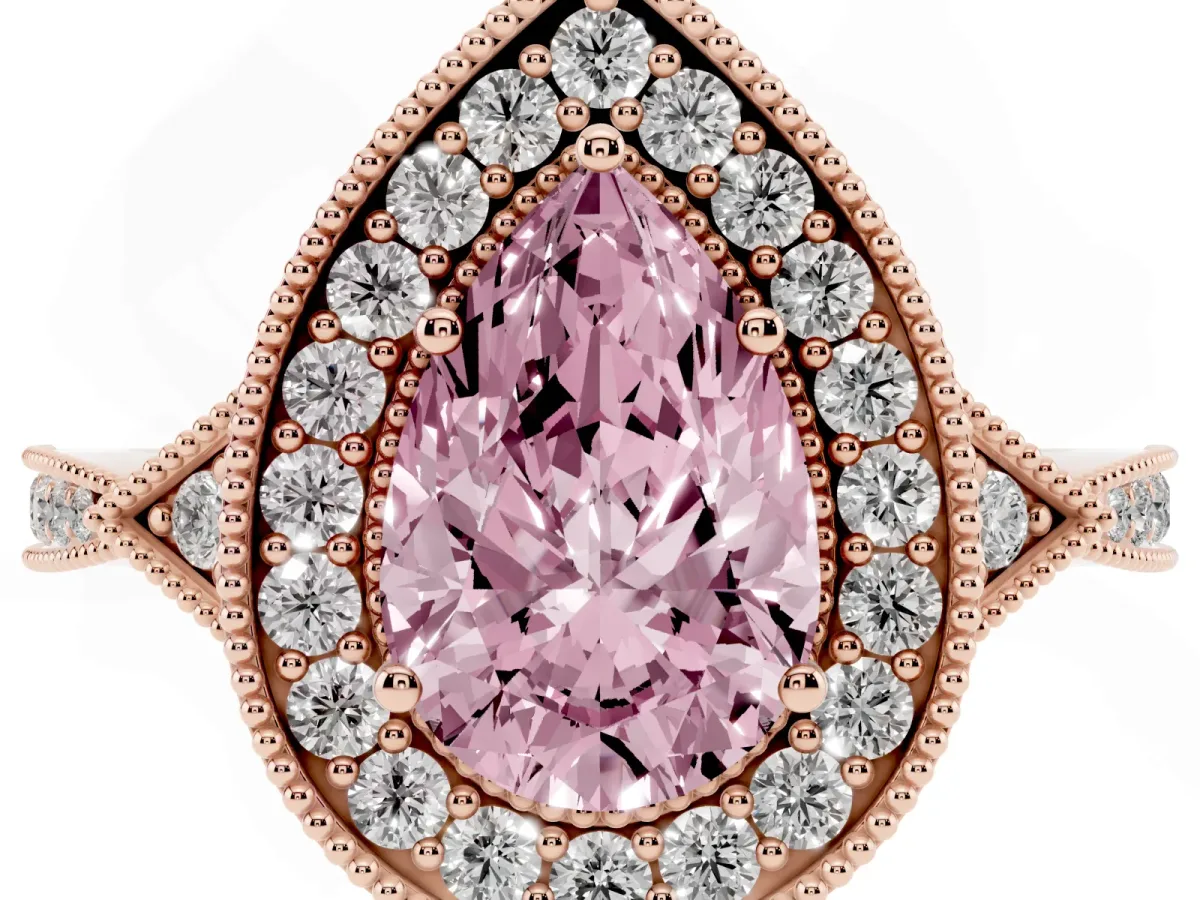 Fancy Pink Pear Cut Halo Round Diamond Milgrain Pave Engagement Ring Rose gold
