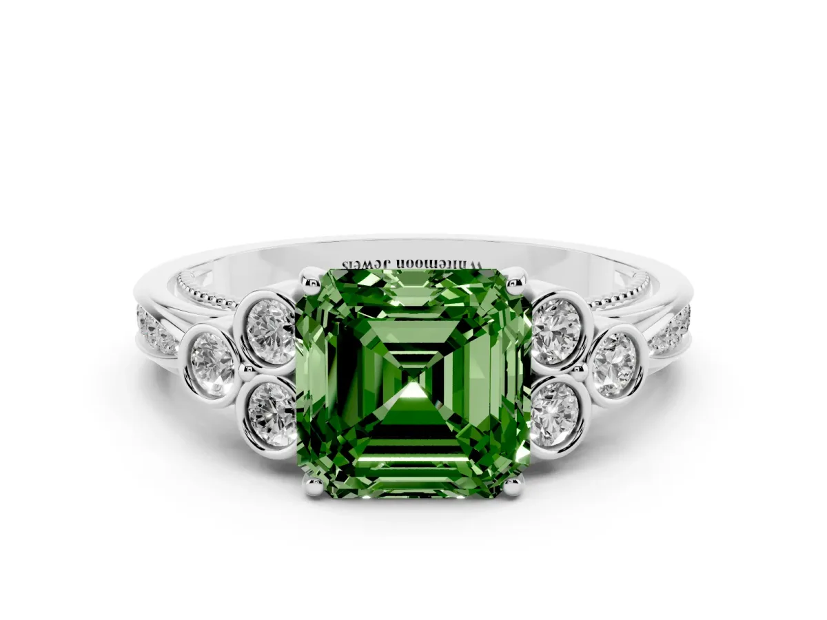 Fancy Green Asscher Cut Cut Diamond Engagement Ring with Bezel Set Round Side Stones and Prong Setting Platinum