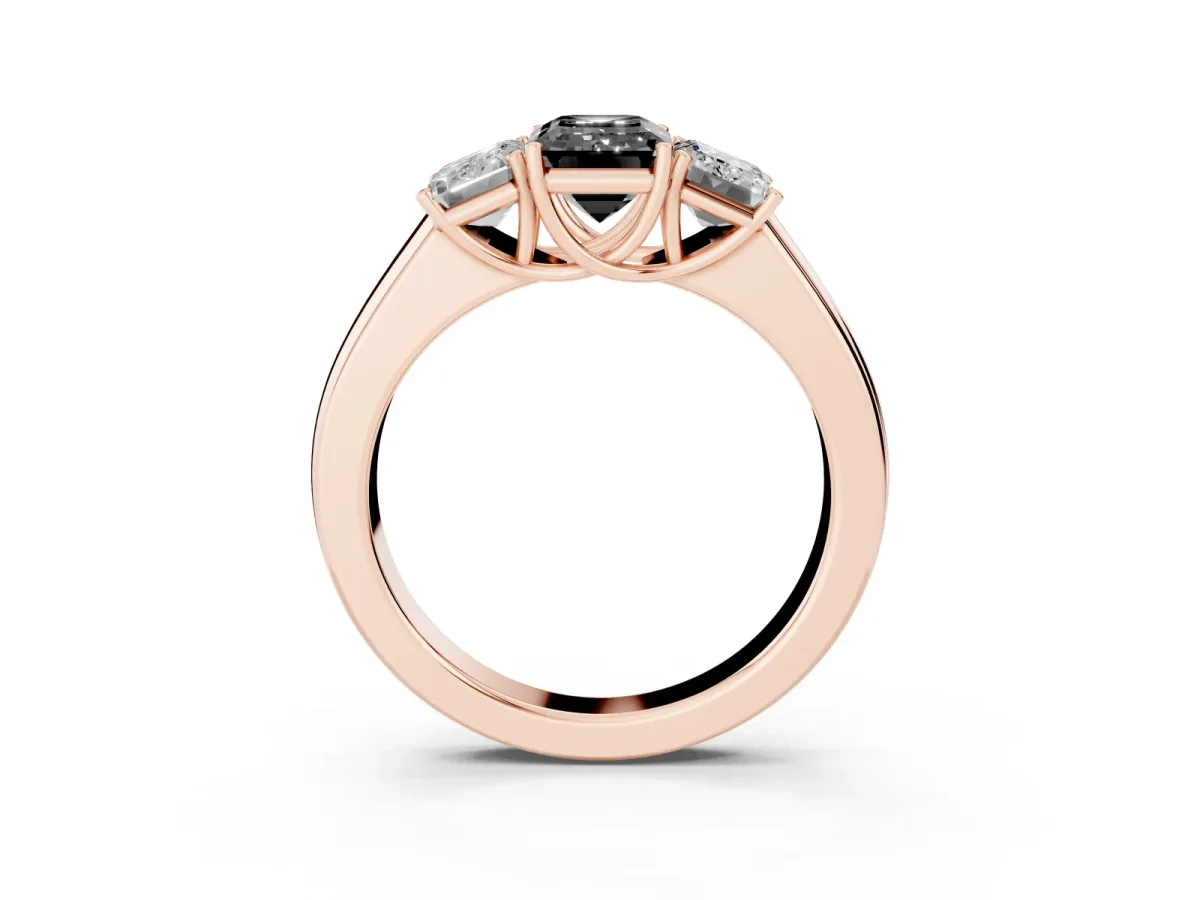 Fancy Black Three-Stone Emerald Cut Cut Diamond Ring with Prong Setting and Classic Band Rose gold
