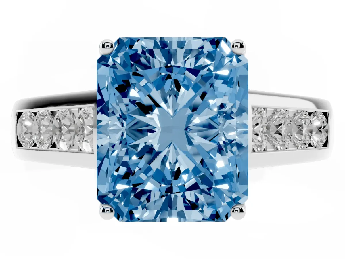 Fancy Blue Radiant Cut Brilliant Channel-Set Solitaire Ring with Four-Prong Setting Silver