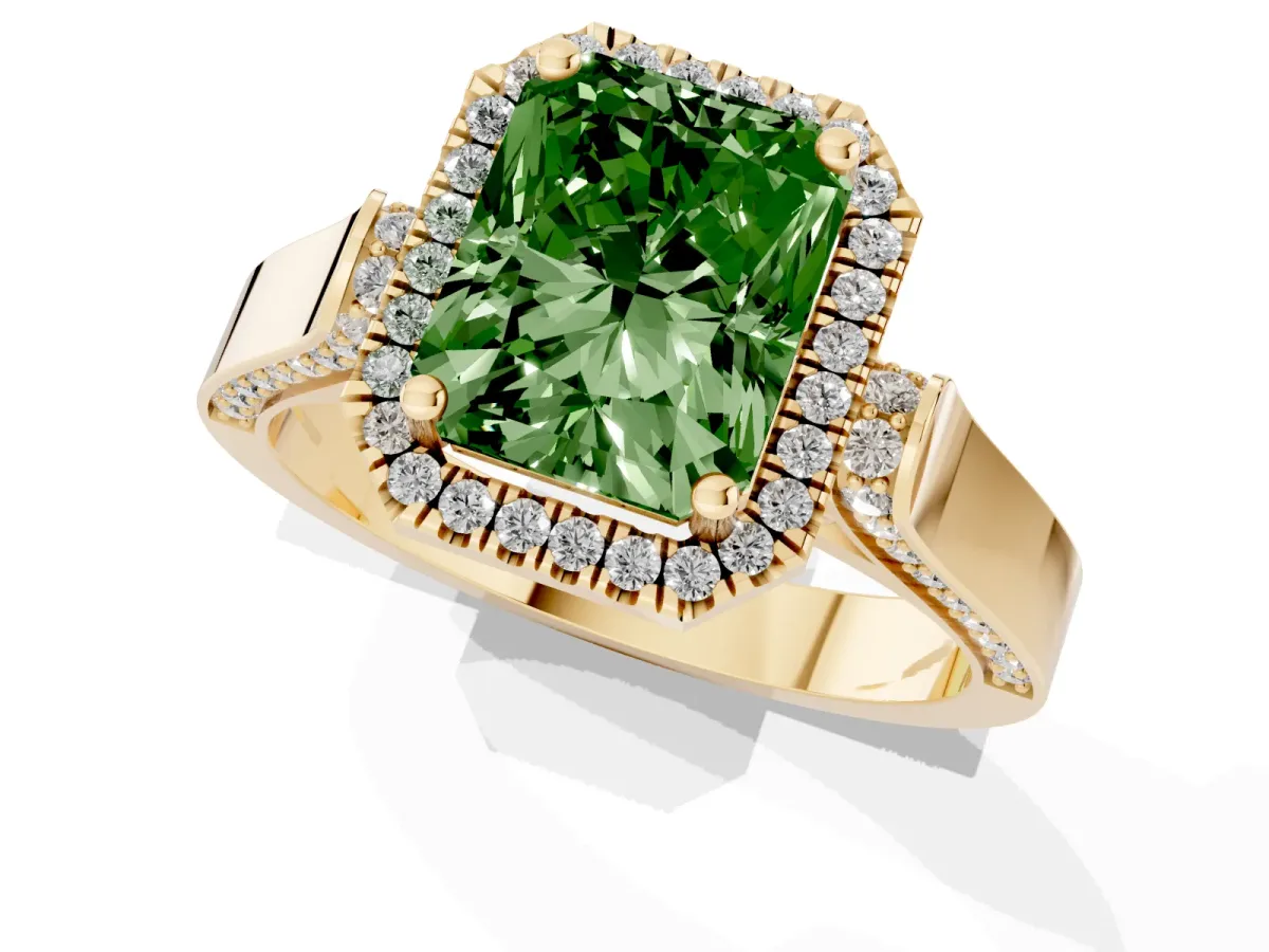 Fancy Green Radiant Cut Halo Pave Split Shank Prong Setting Ring Yellow gold
